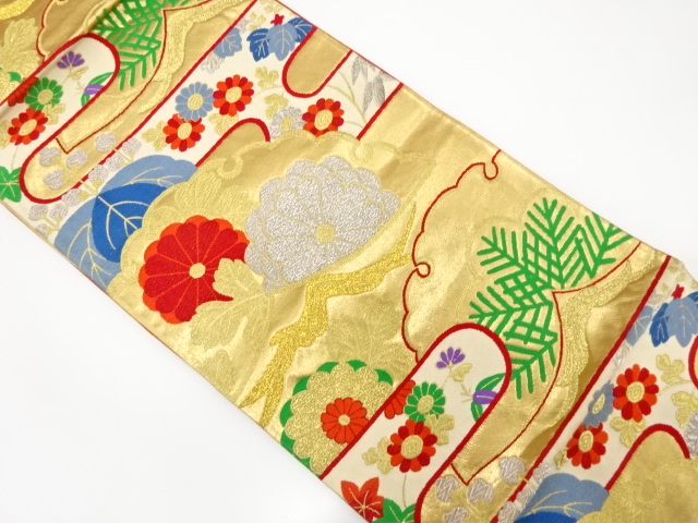 アンティーク　ヱ霞に松桐菊模様織り出し袋帯(着用可)